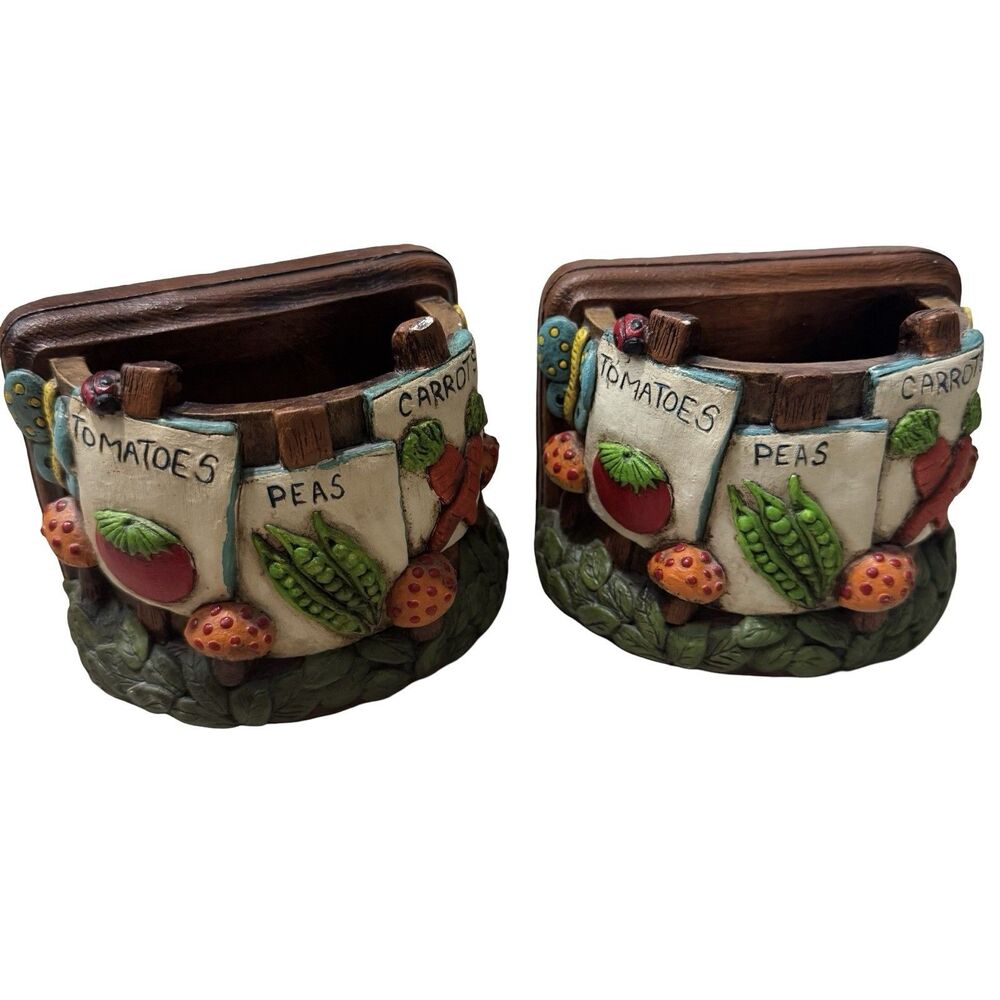 Set Garden Cheryl Gadow Vintage 1974 Hand Painted Chalkware Bookends‎ & Planters